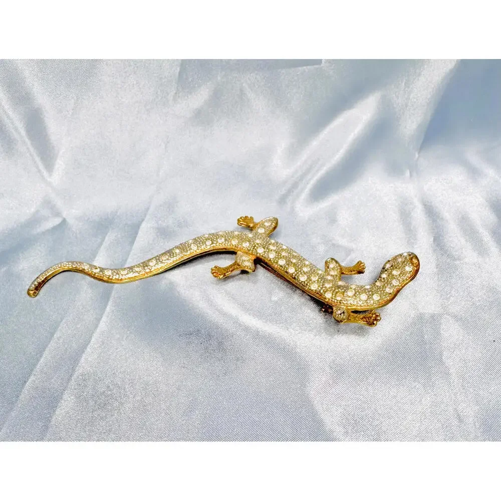 Gold Tone Crystal Salamander Brooch